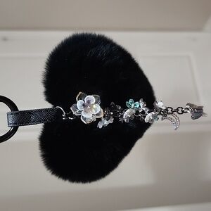 Elegant Black Fluffy Pom Pom with Floral Charms Keychain/ Bag Charm